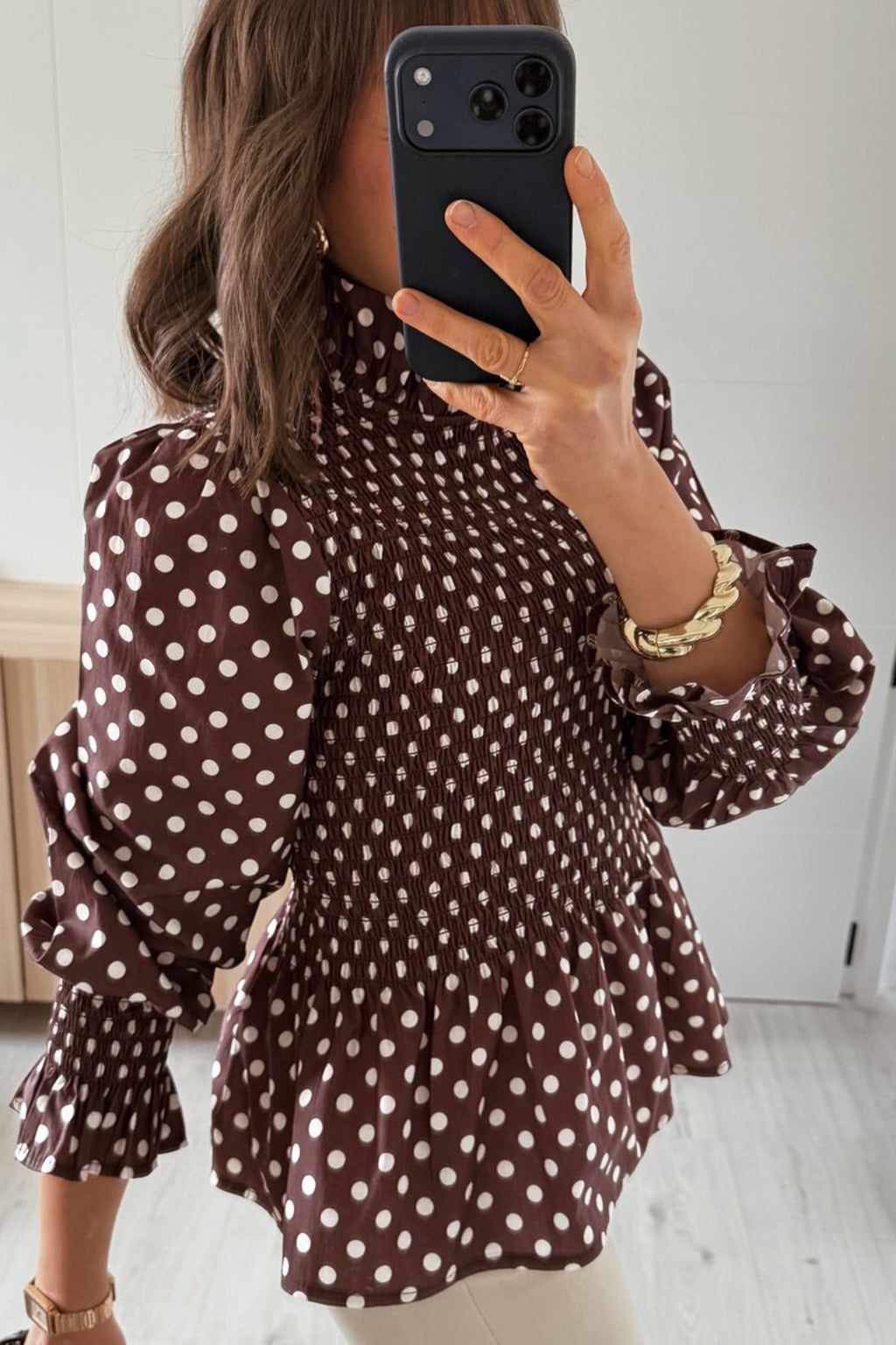 Ava Dove Polka-Dot Ruffled Blouse