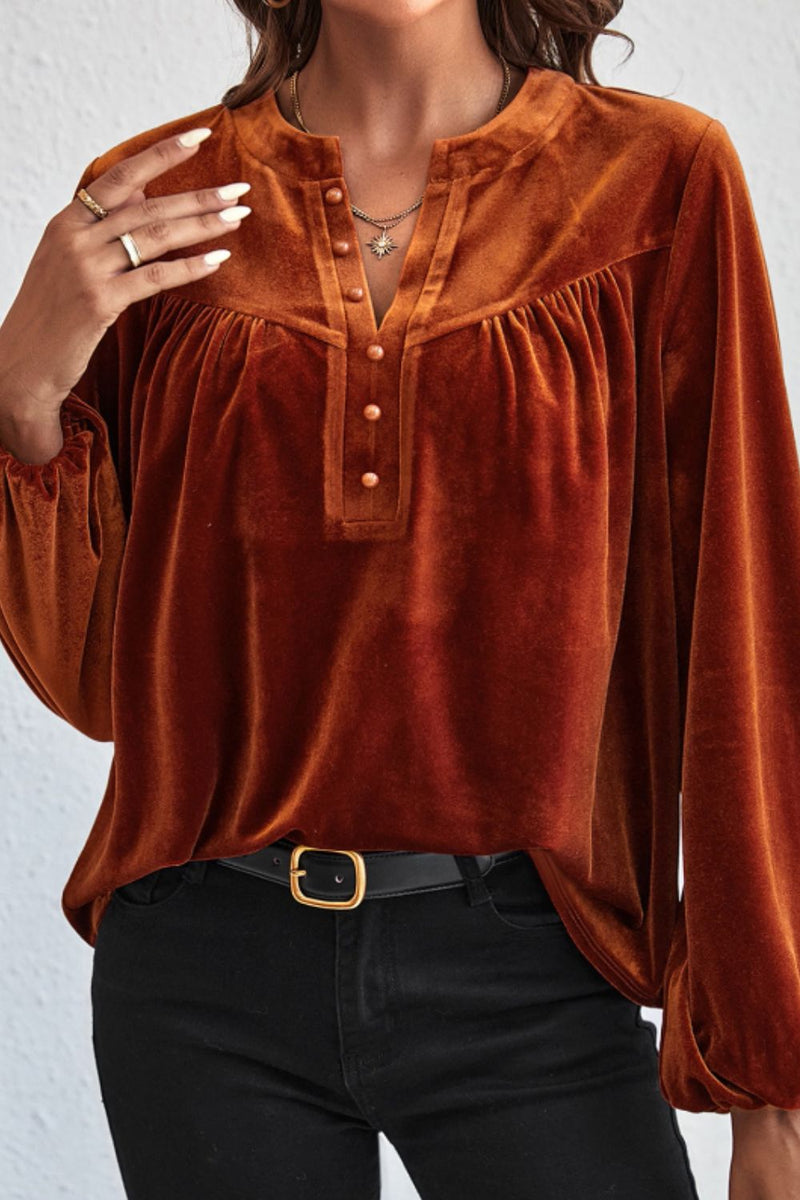 Hazel Blues® |  Notched Long Sleeve Velvet Top