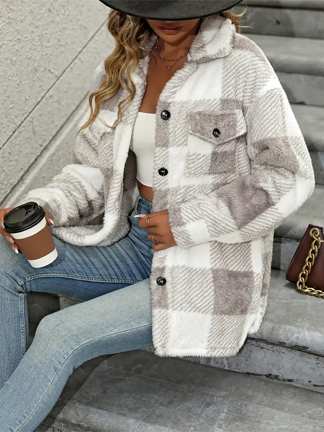 Hazel Blues® |  Plaid Dropped Shoulder Long Sleeve Plush Coat