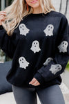 Hazel Blues® |  Black Glitter Ghost Pattern Crew Neck Halloween Sweatshirt