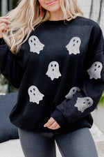 Hazel Blues® |  Black Glitter Ghost Pattern Crew Neck Halloween Sweatshirt