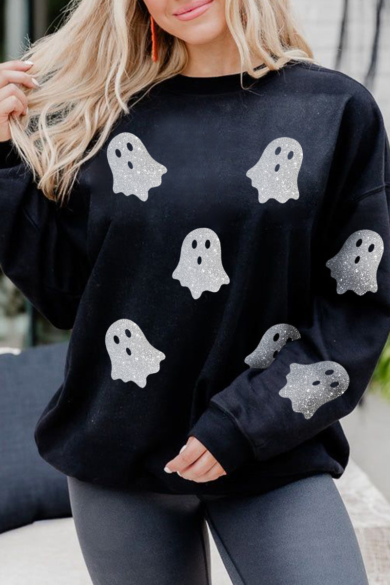 Hazel Blues® |  Black Glitter Ghost Pattern Crew Neck Halloween Sweatshirt