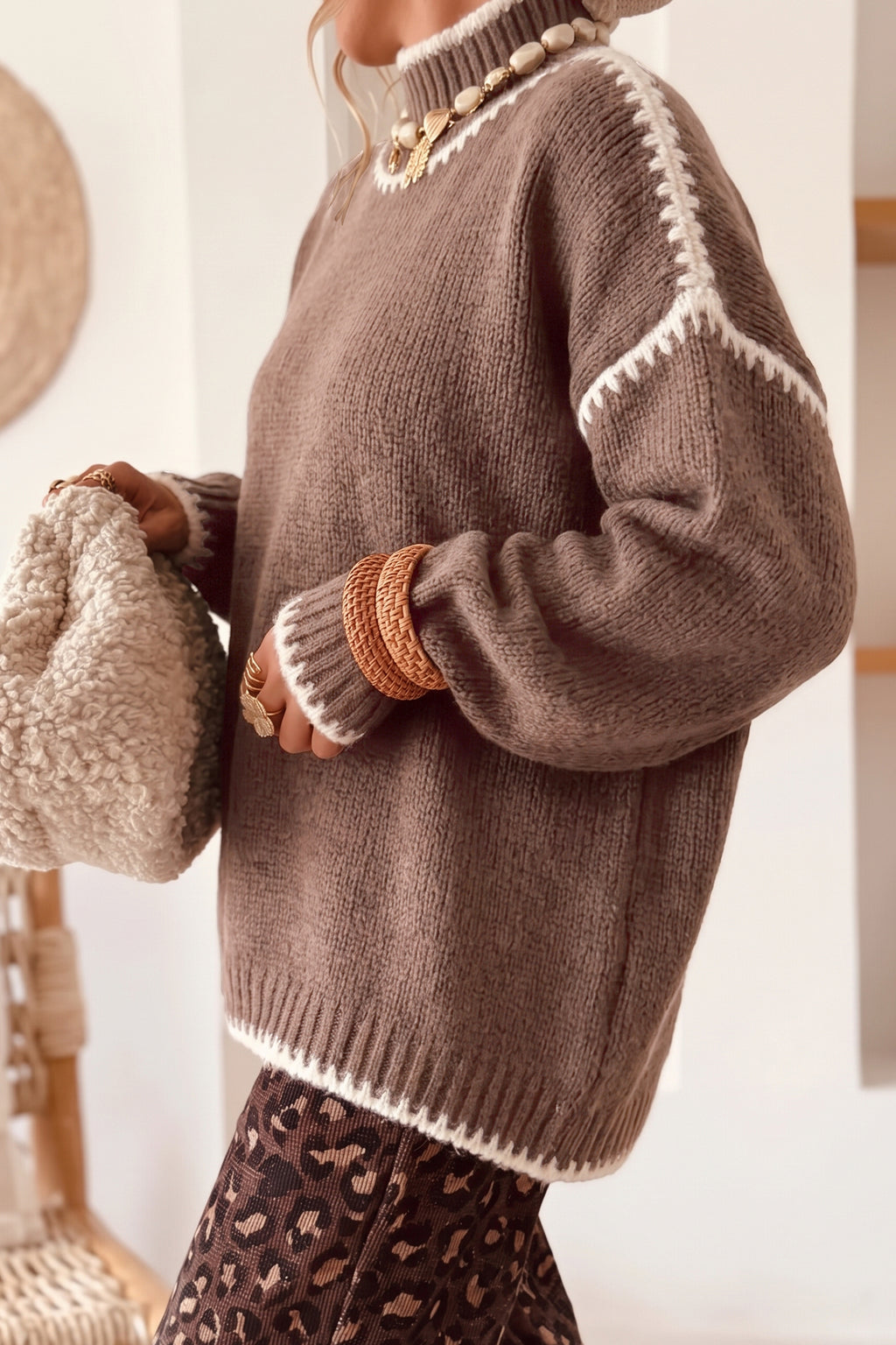 Khaki Contrast-Trim Mock-Neck Sweater