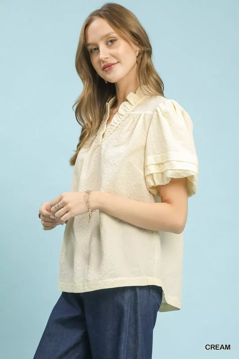 Hazel Blues® | Umgee Textured Scallop Trim Puff Sleeve Blouse