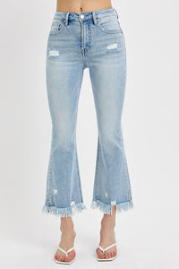 Hazel Blues® | RISEN Raw Hem Distressed Cropped Flare Jeans