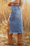 Hazel Blues® |  Myosotis Irregular Distressed Bottom Denim Midi Skirt