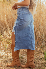 Hazel Blues® |  Myosotis Irregular Distressed Bottom Denim Midi Skirt