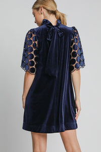 Hazel Blues® |  Umgee Dotted Lace Half Sleeve Mock Neck Back Tie Velvet Dress