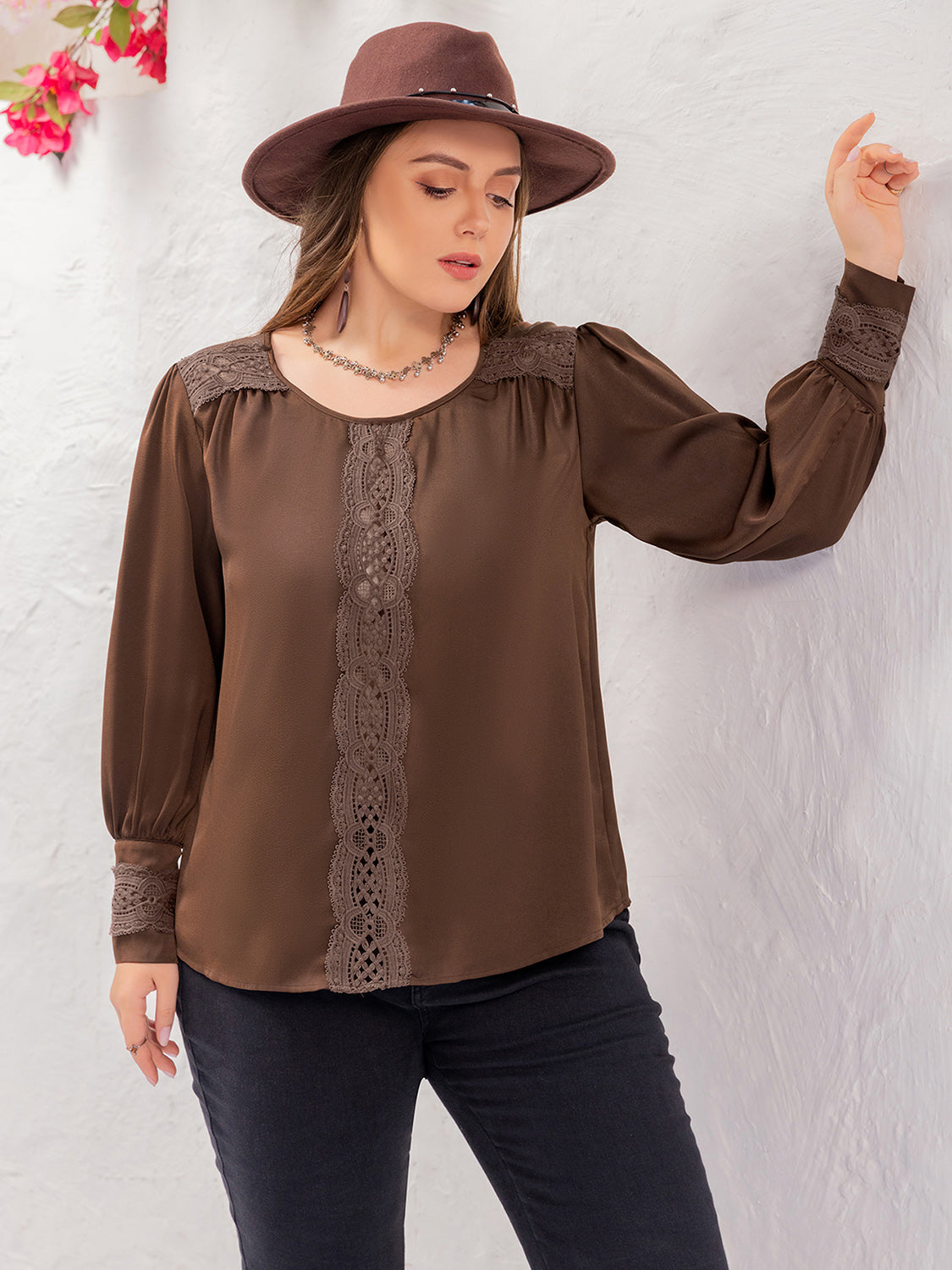 Hazel Blues® |  Lace Detail Round Neck Long Sleeve Blouse