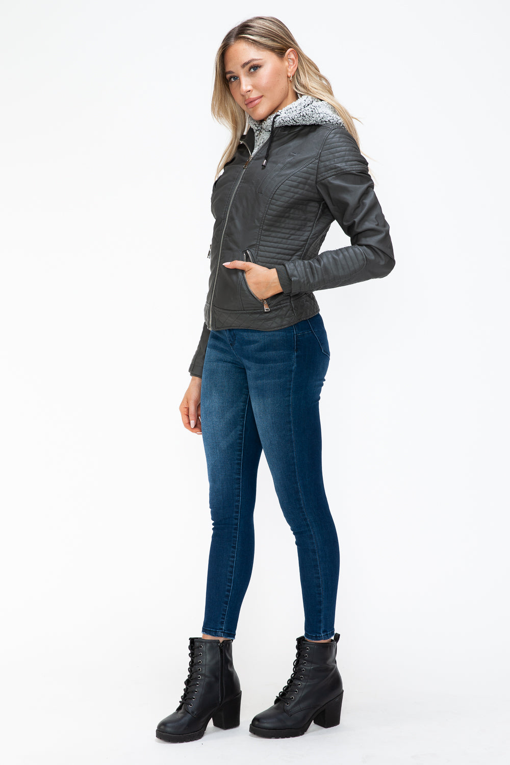 Hazel Blues® |  YMI Faux Layered Double-Zipper Jacket with Fuzzy Hood