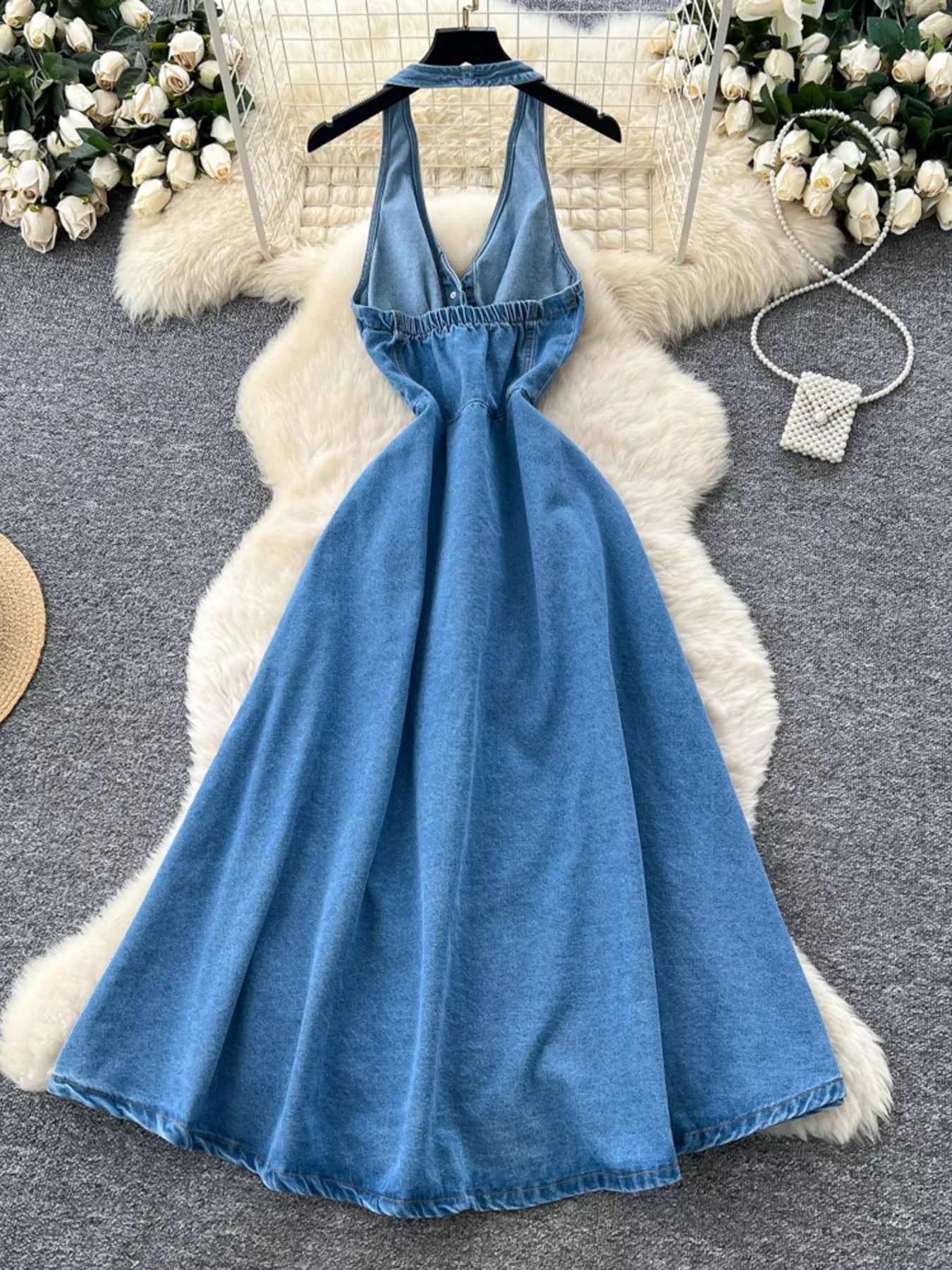denim maxi halter dress Neck Button-Down style-number:Z258408 Which of These Christian cross laces from hip Color::#47-Brown