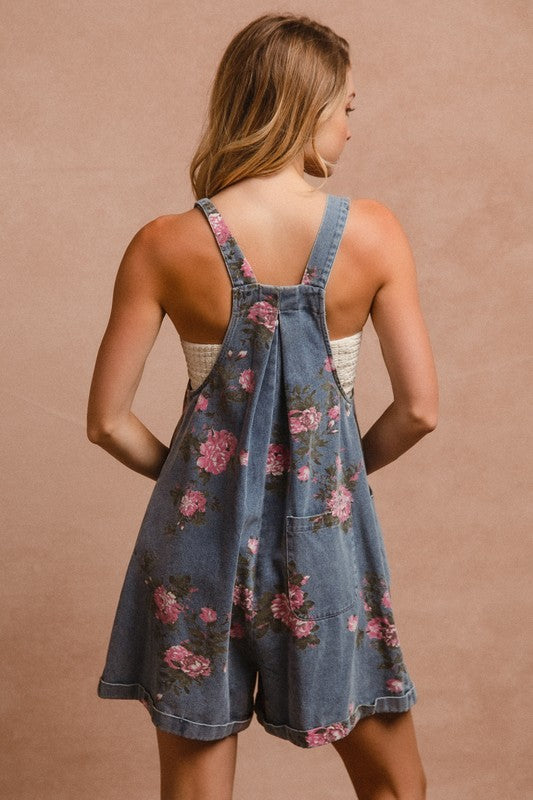 Hazel Blues® |  BiBi Flower Printed Wide Strap Denim Overalls