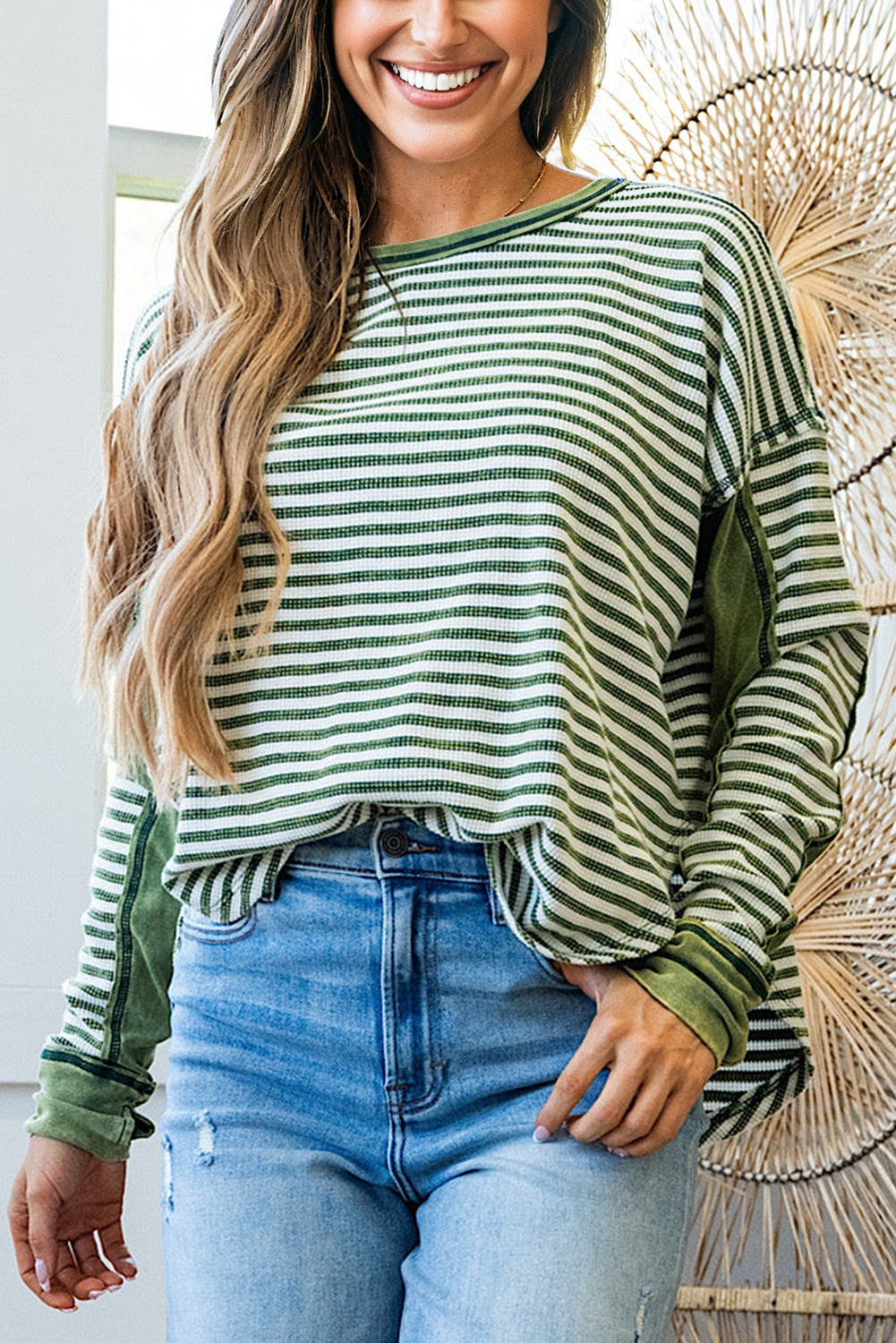 Hazel Blues® |  Green Stripe Thermal Knit Drop Shoulder Casual Top