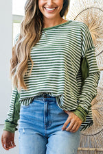 Hazel Blues® |  Green Stripe Thermal Knit Drop Shoulder Casual Top