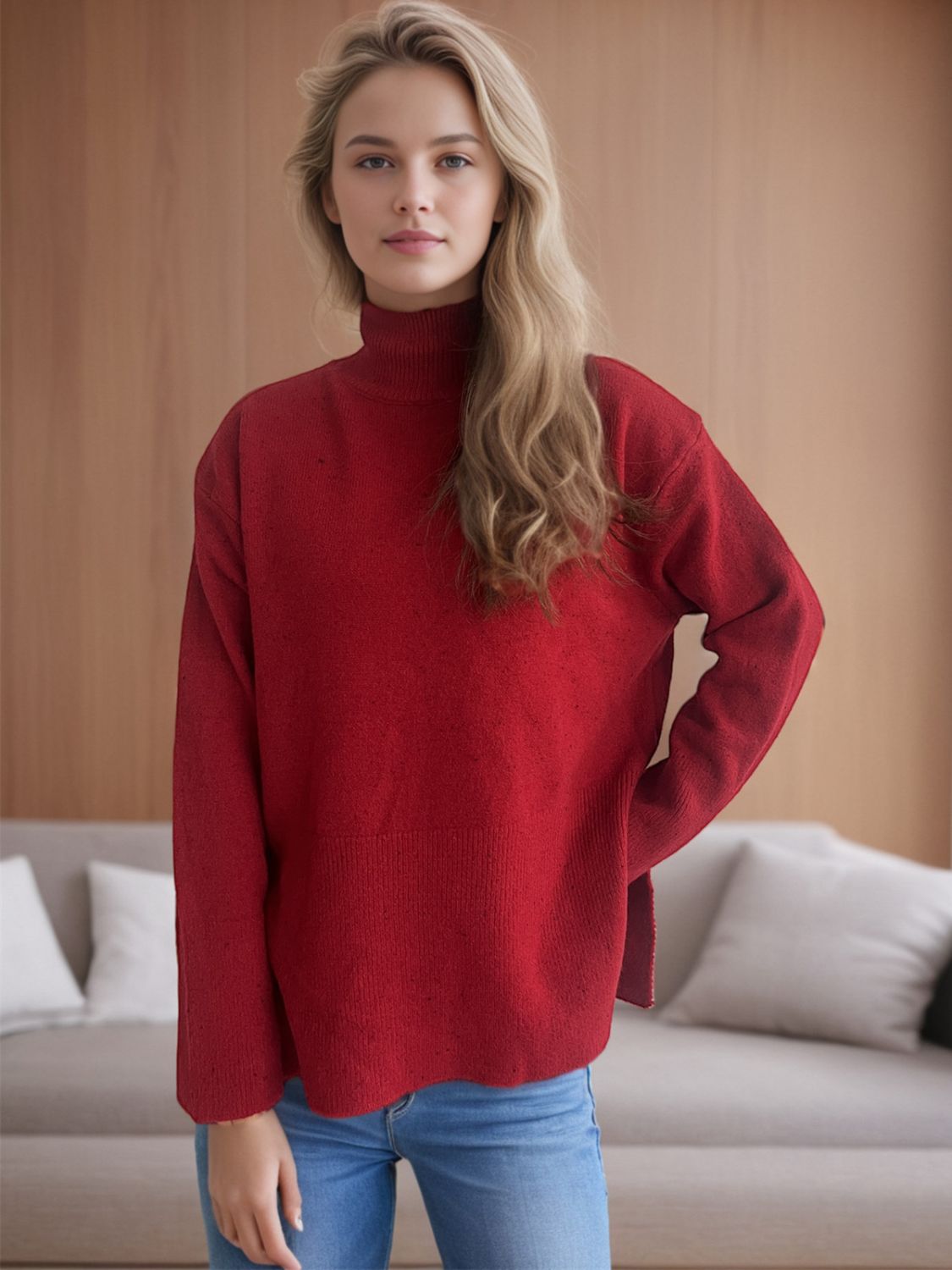 Hazel Blues® |  Side Slit Turtleneck Long Sleeve Sweater