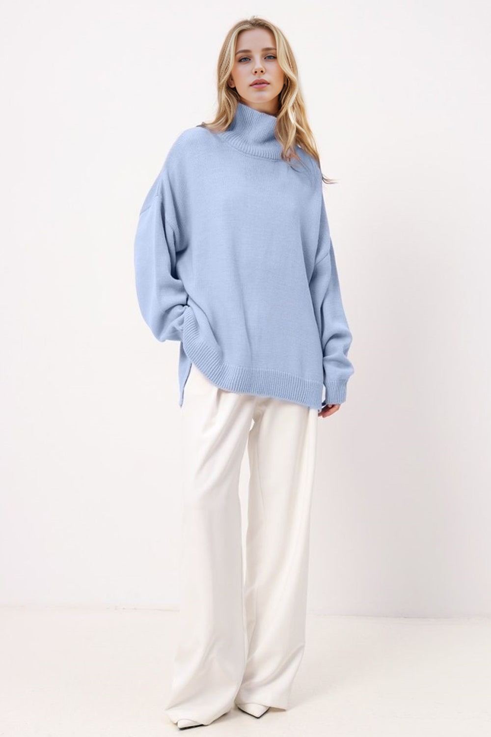 Hazel Blues® |  Basic Bae Side Slit Turtleneck Long Sleeve Sweater