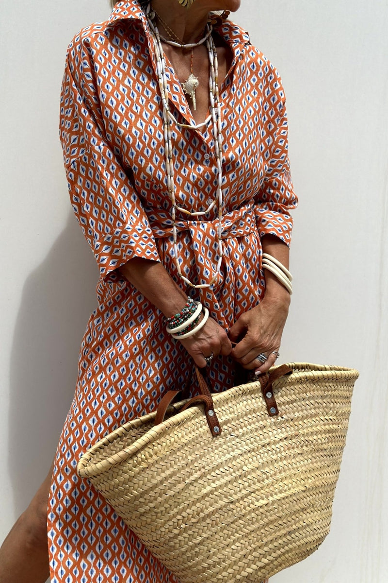 Hazel Blues® |  Slit Printed Collared Neck Three-Quarter Sleeve Midi Shirt Dress