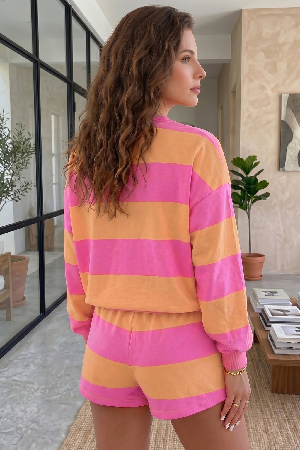 Long Sleeve Casual Top Drawstring Shorts 2pcs Set