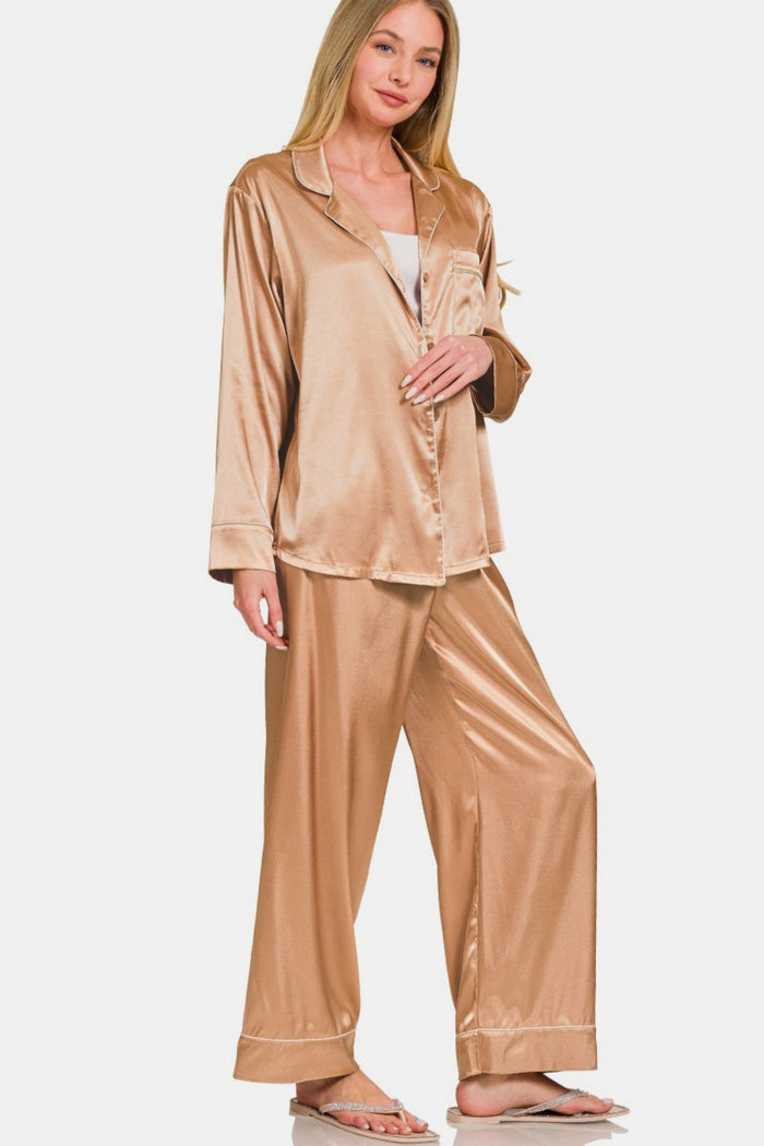 Hazel Blues® |  Zenana Satin Long Sleeve Shirt and Pants Pajama Set