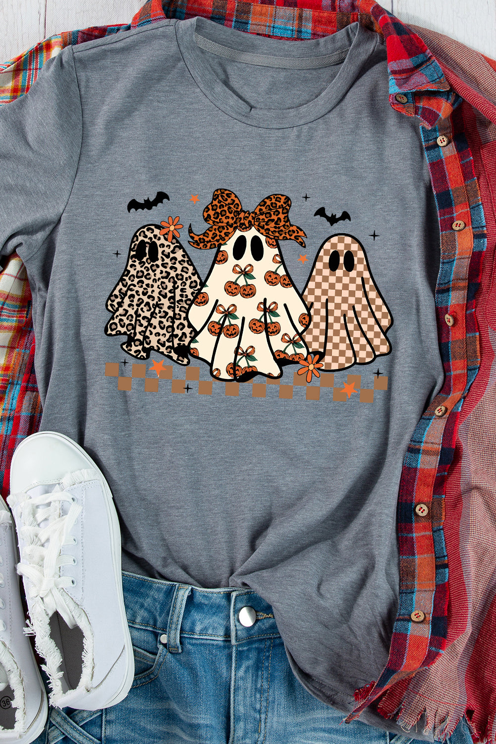 Adeline Noelle Gray Cute Halloween Ghost Printed Casual Tee