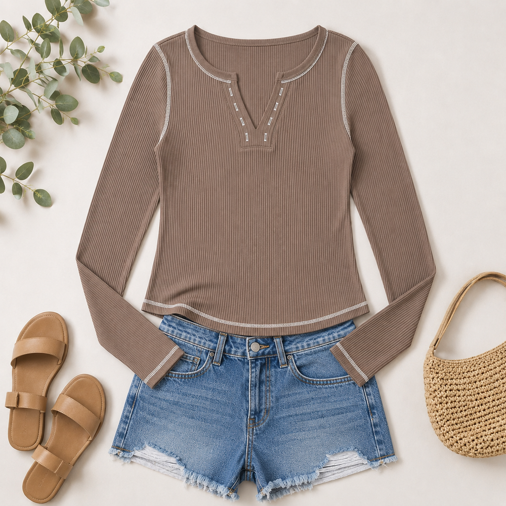 Dark Khaki V-Neck Ribbed Stitched Detail Long-Sleeve Top