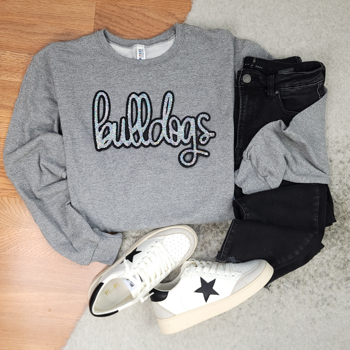 Hazel Blues® |  Bulldog Script Sequin Patch Sweatshirt