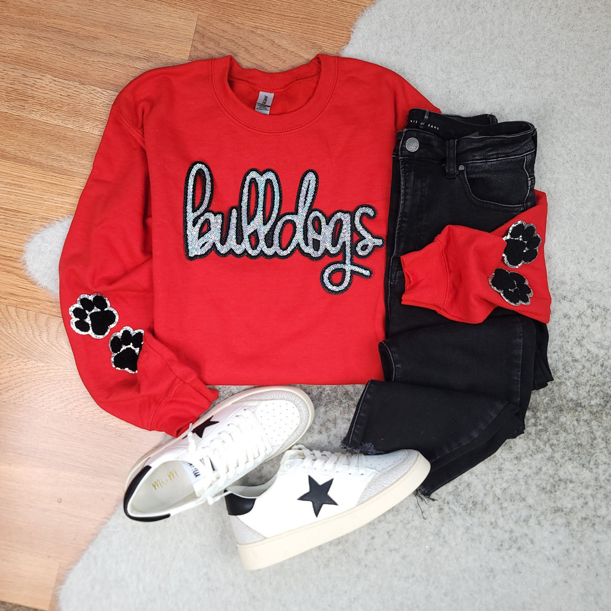 Hazel Blues® |  Bulldog Script Sequin Patch Sweatshirt