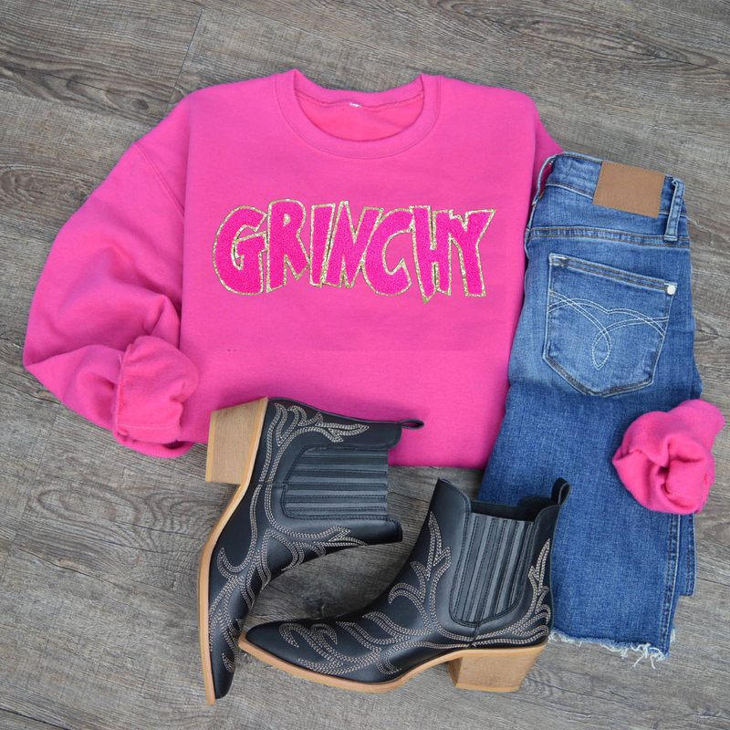 Hazel Blues® |  Grinchy Chenille Patch Sweatshirt: HOT PINK