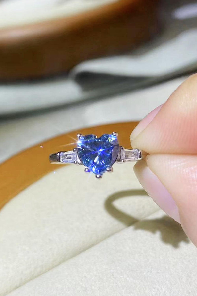 Hazel Blues® | 1 Carat Moissanite Heart-Shaped Platinum-Plated Ring in Blue - Hazel Blues®