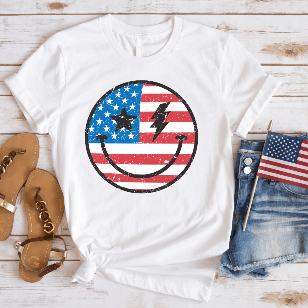 Hazel Blues® | Adult Distressed Smile Flag Graphic Tee - Hazel Blues®