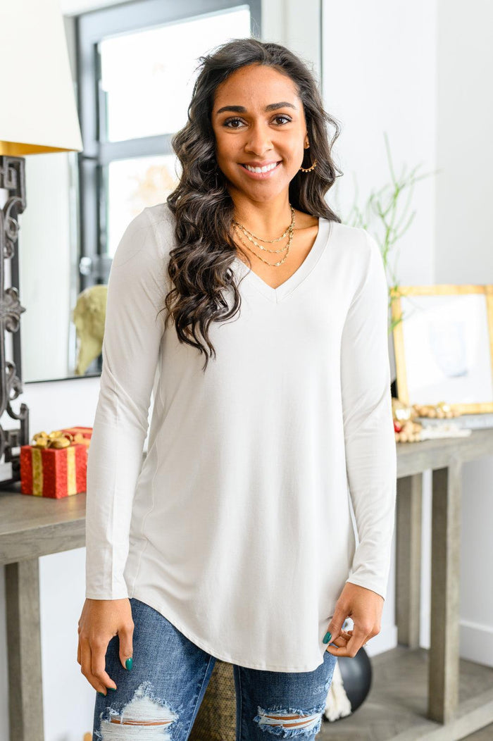 Hazel Blues® | Basics Are Best Long Sleeve V-Neck Top in Bone - Hazel Blues®