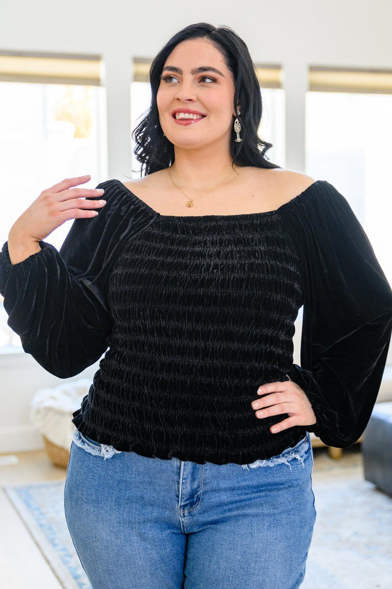 Hazel Blues® | Believe In Miracles Smocked Velvet Top In Black - Hazel Blues®