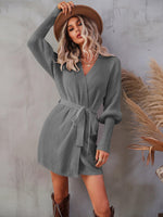 Hazel Blues® | Belted Surplice Lantern Sleeve Wrap Sweater Dress - Hazel Blues®