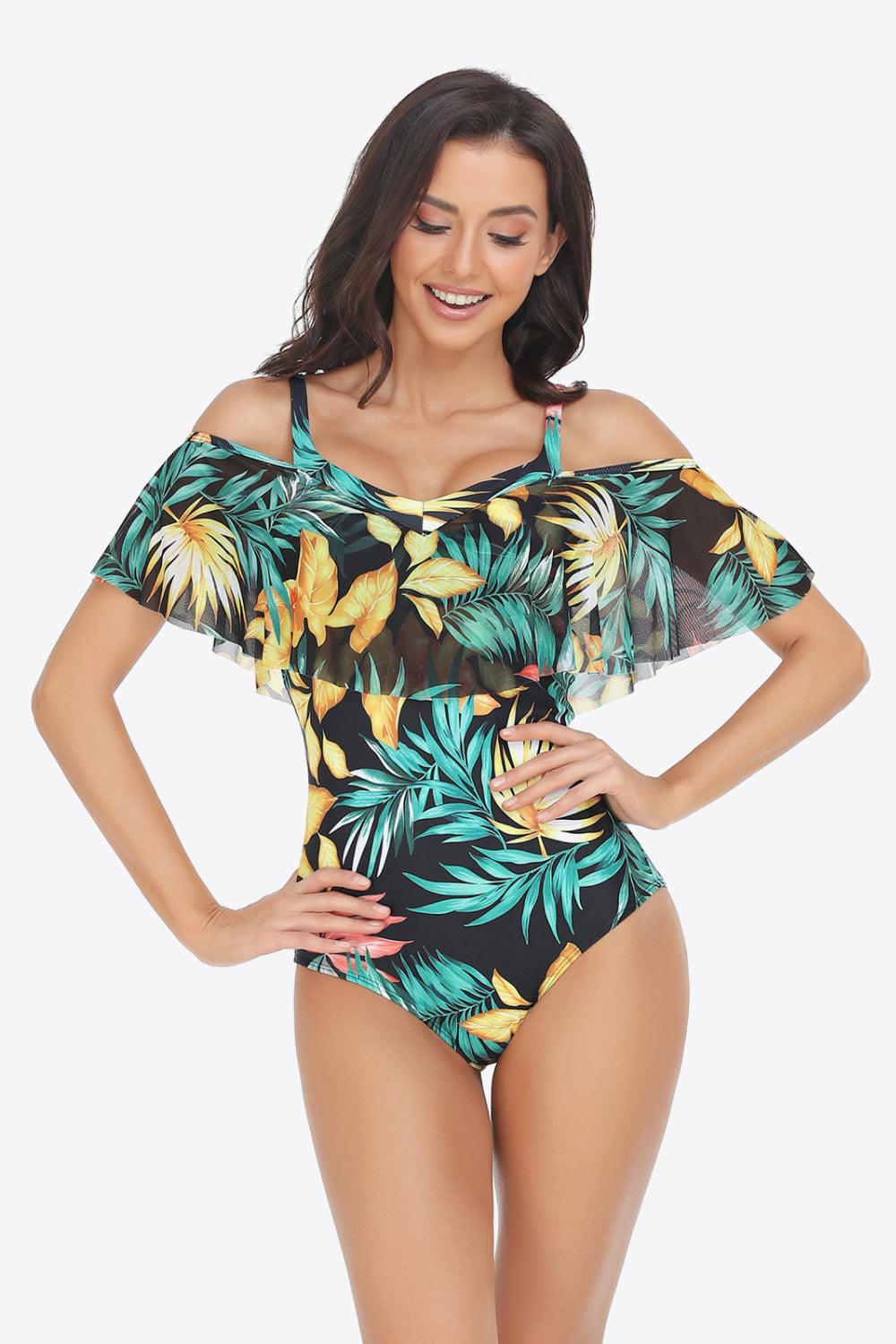 Hazel Blues®  Botanical Print Cold-Shoulder Layered One-Piece Swimsuit