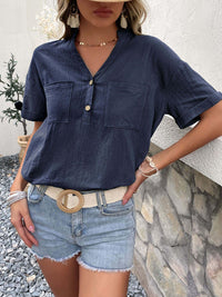 Hazel Blues® | Buttoned Notched Neck Cuffed Sleeve Blouse - Hazel Blues®