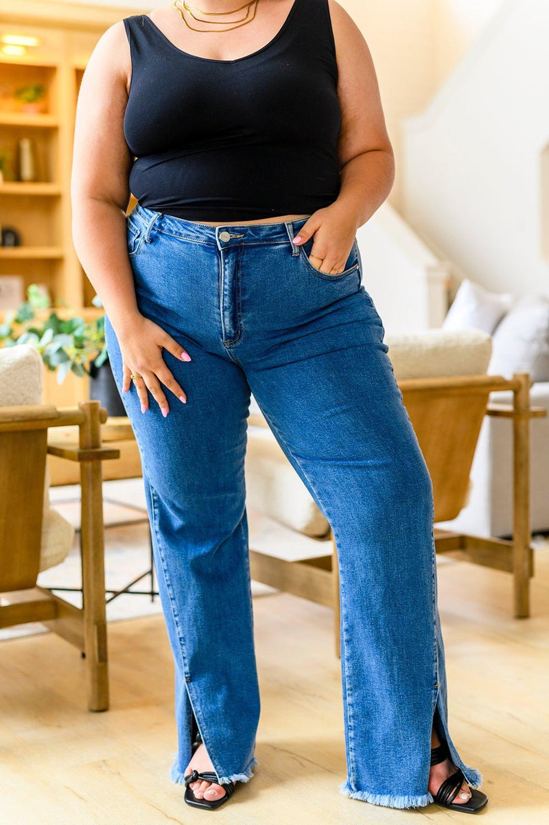 Hazel Blues® | Caitlin High Rise Split Hem Straight Jeans - Hazel Blues®