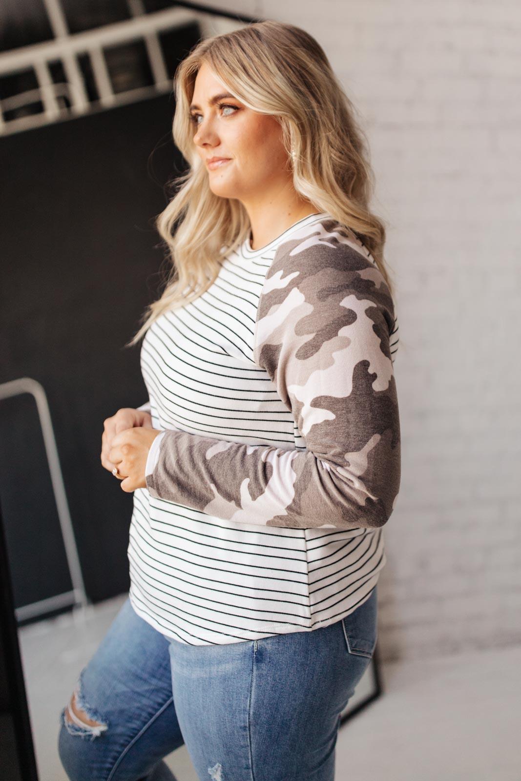 Hazel Blues® | Camo & Stripes Raglan Top - Hazel Blues®