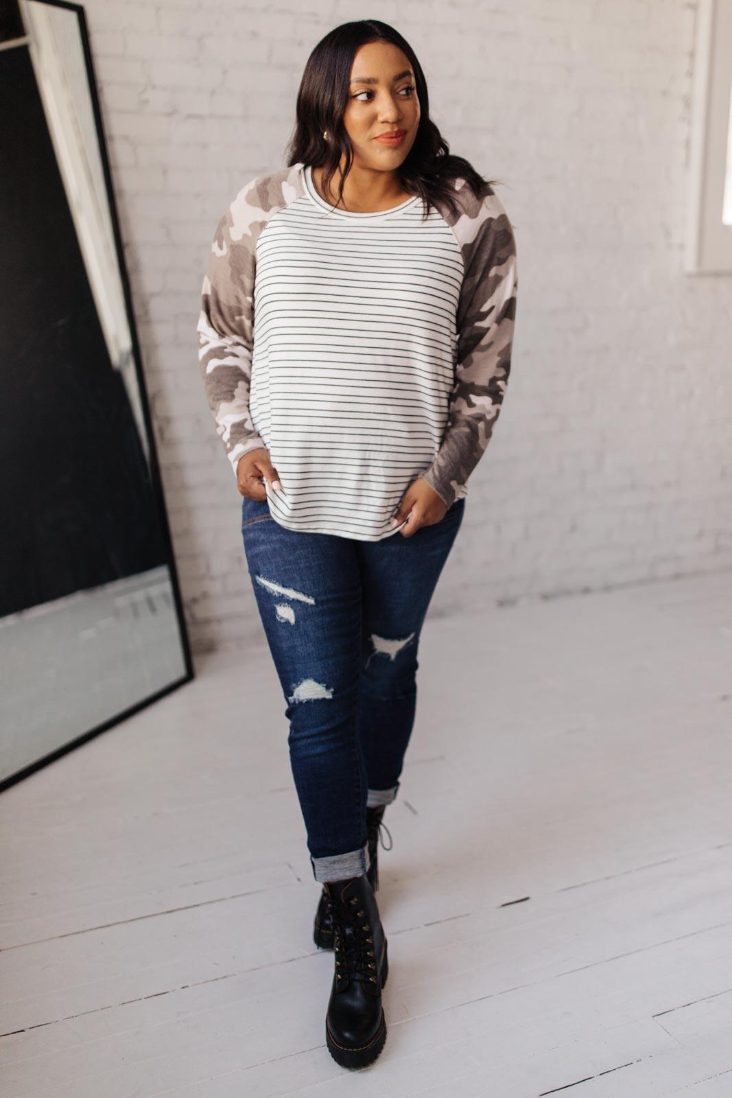 Hazel Blues® | Camo & Stripes Raglan Top - Hazel Blues®