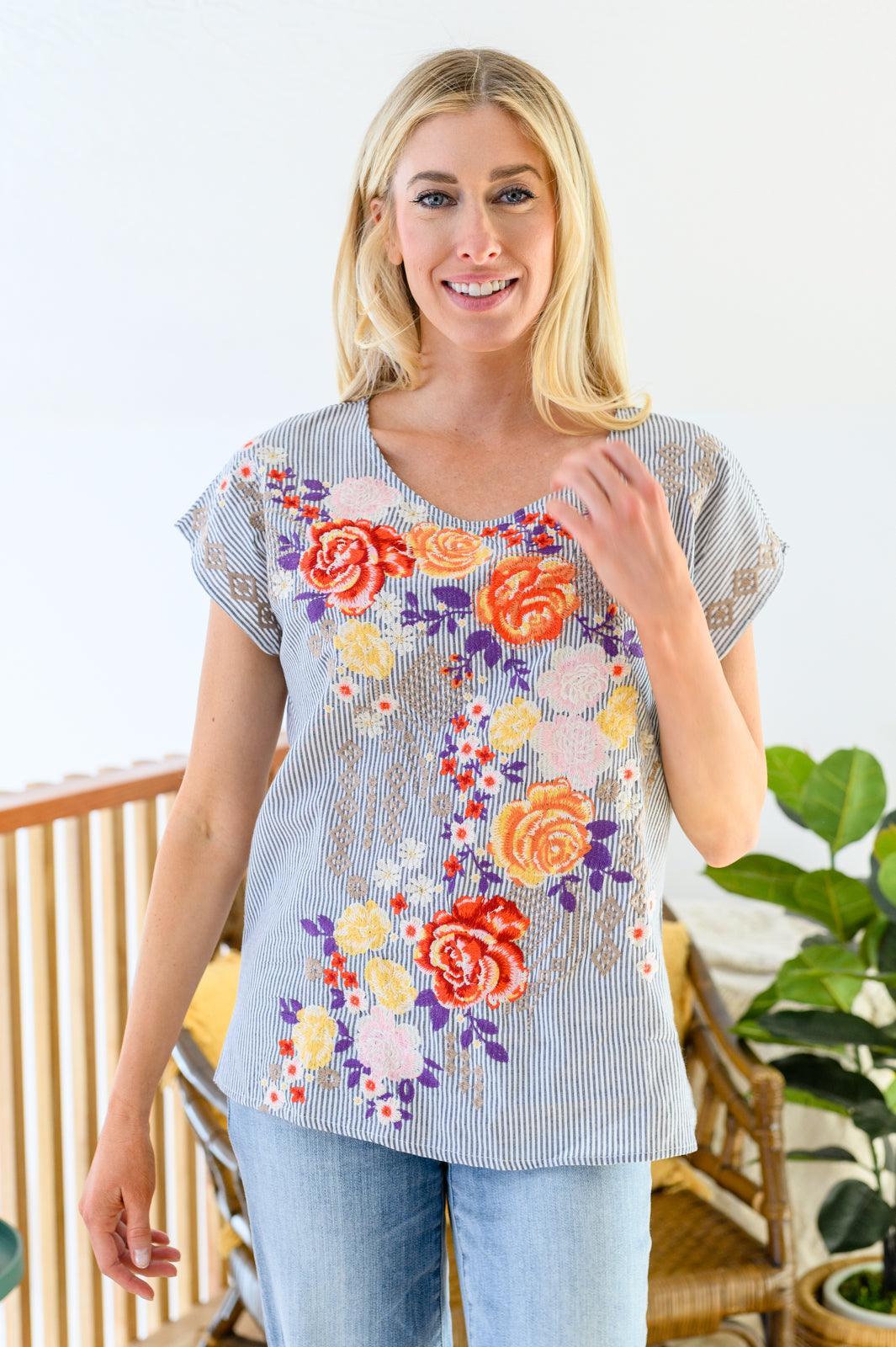 Hazel Blues® | Canopy Of Crushes Striped Floral Top - Hazel Blues®