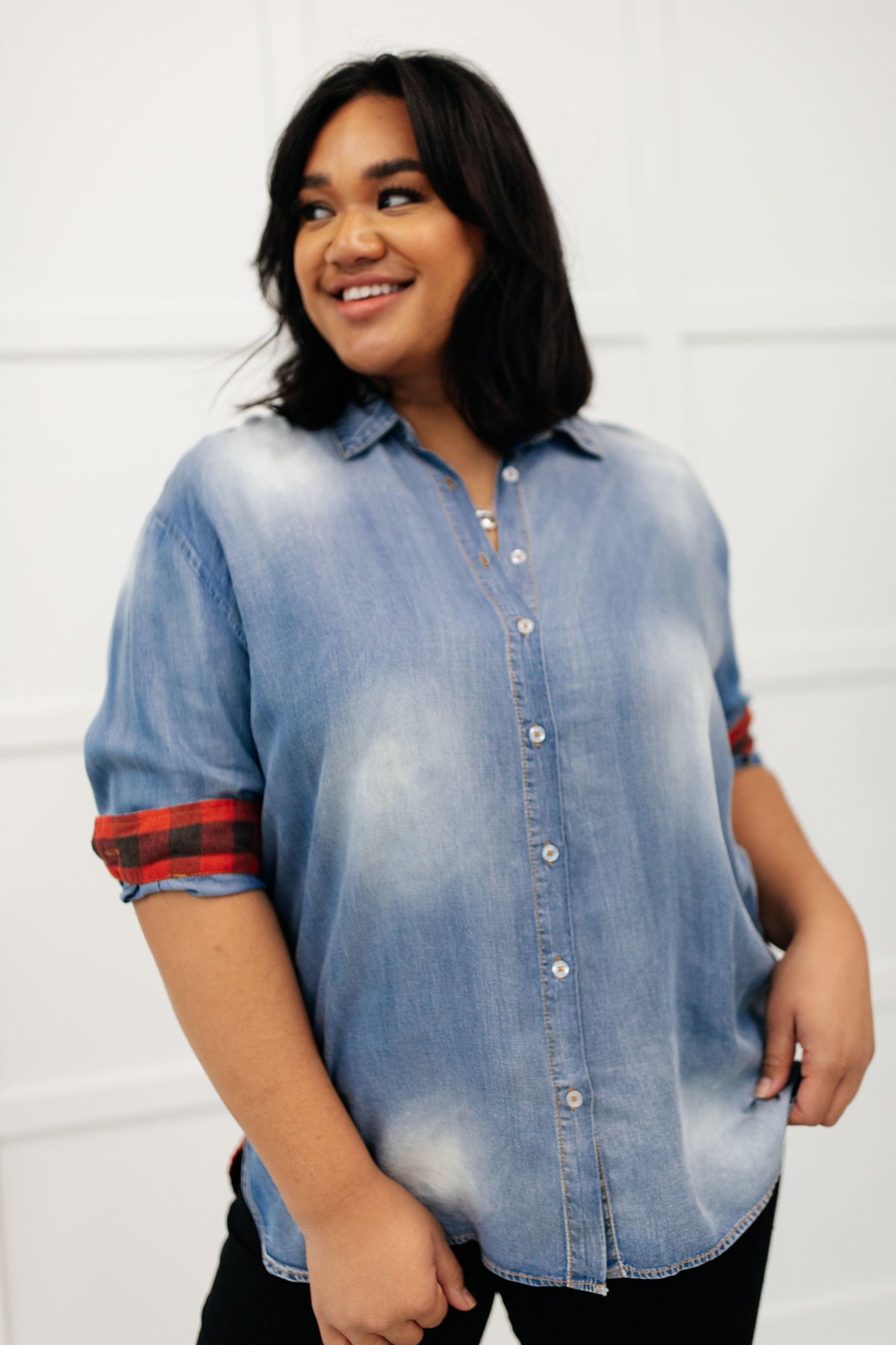 Hazel Blues® | Checkered Denim Patch Shirt - Hazel Blues®