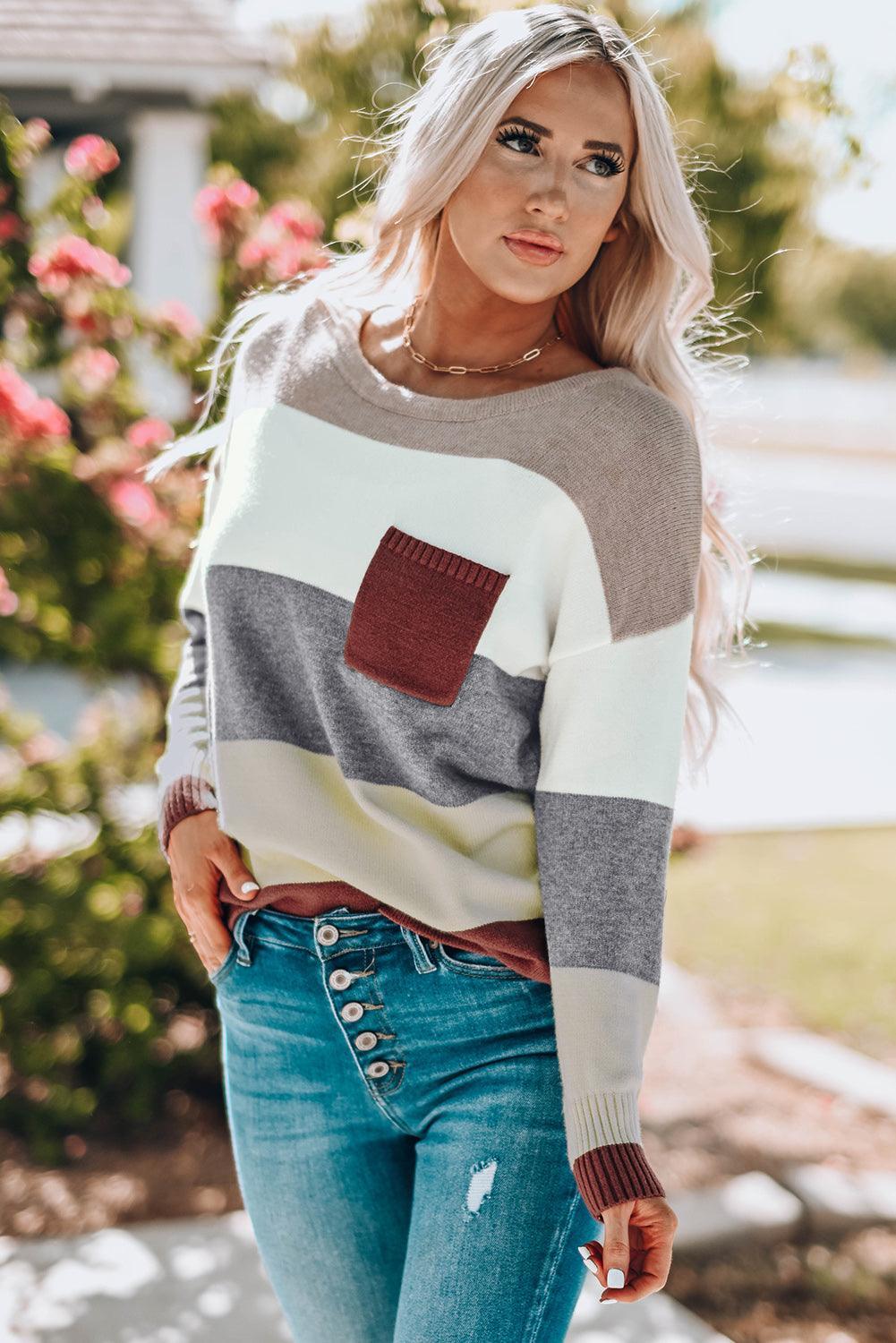 Hazel Blues® | Color Block Drop Shoulder Round Neck Sweater - Hazel Blues®