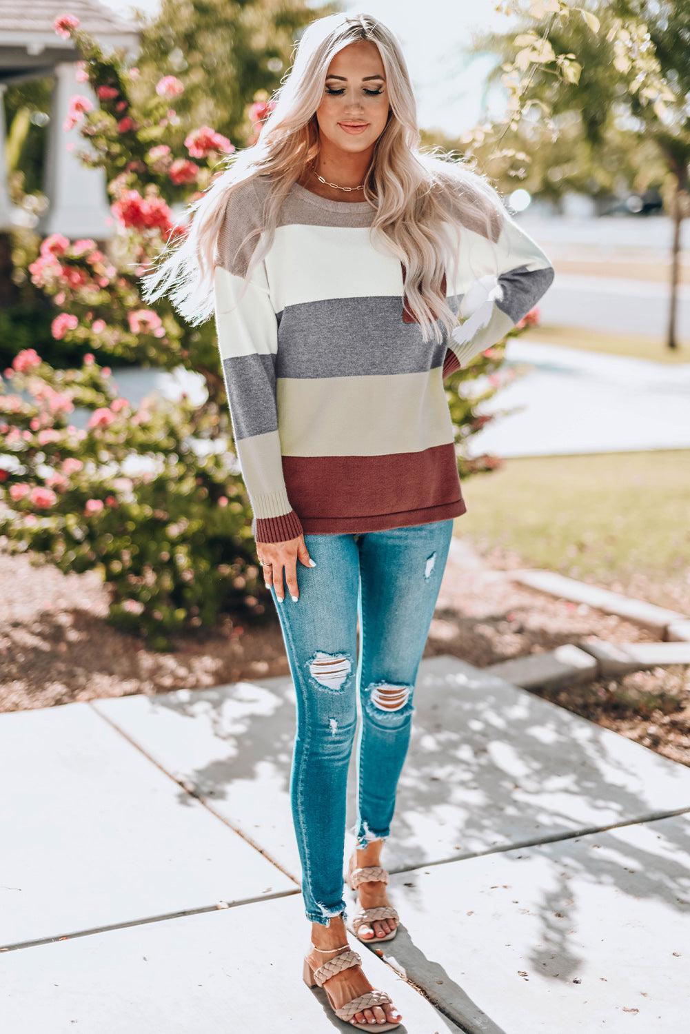 Hazel Blues® | Color Block Drop Shoulder Round Neck Sweater - Hazel Blues®