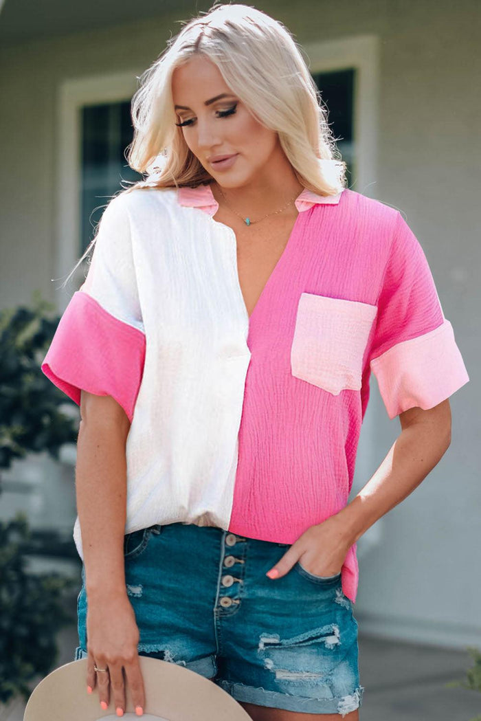 Hazel Blues® | Color Block Textured Johnny Collar Blouse - Hazel Blues®