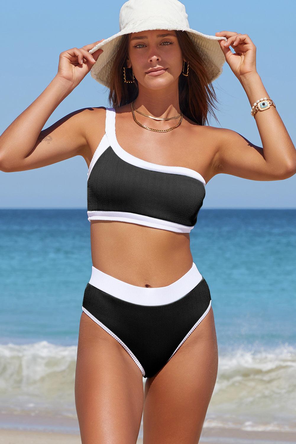Hazel Blues® | Contrast Trim Ribbed One-Shoulder Bikini Set - Hazel Blues®