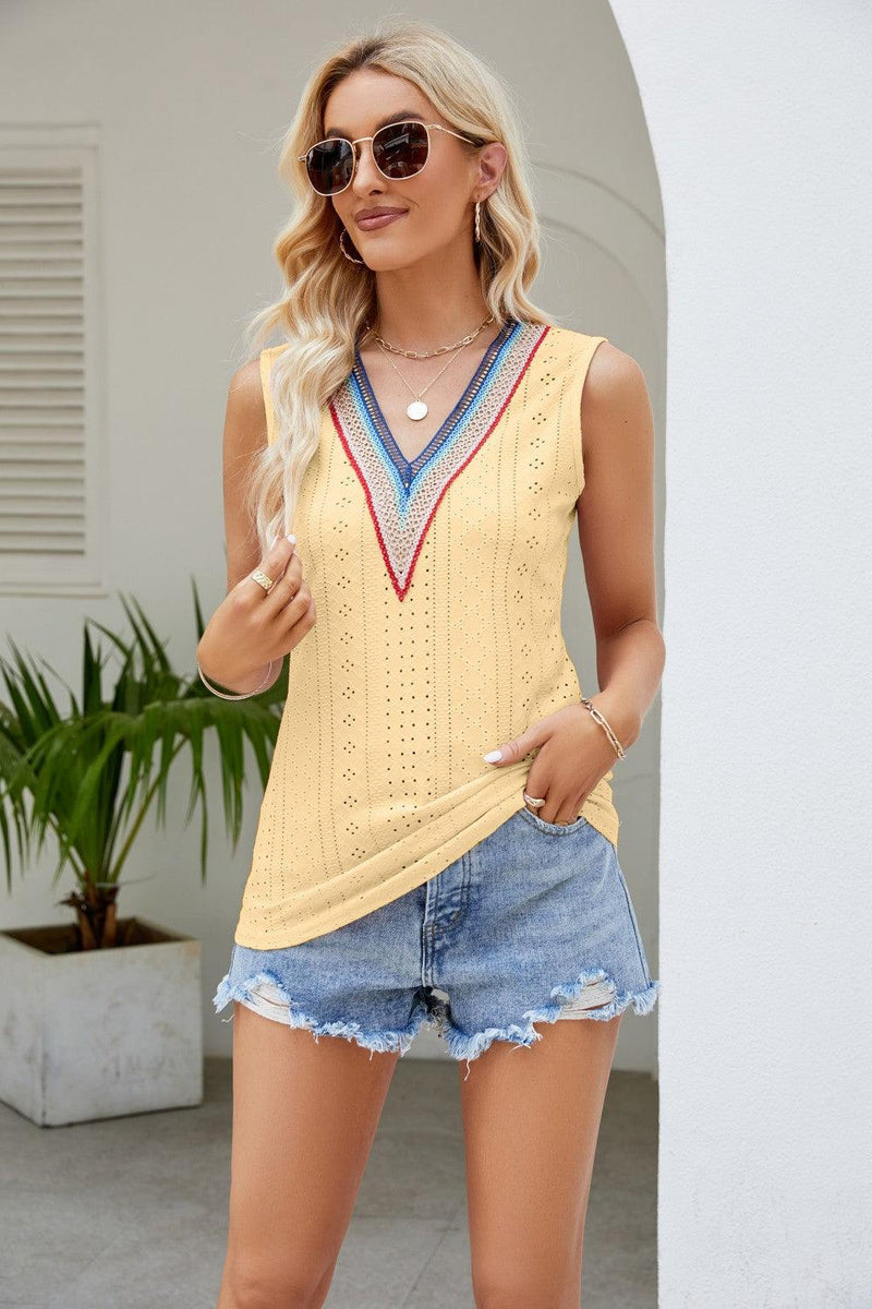 Hazel Blues® | Contrast V-Neck Eyelet Tank - Hazel Blues®