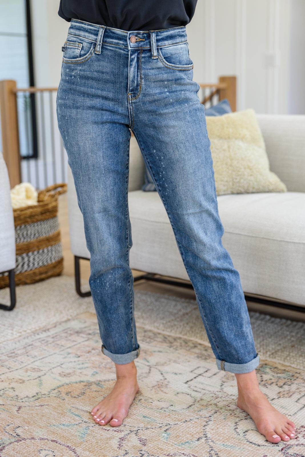 Hazel Blues® | Corey Hi Rise Bleach Splash Boyfriend Jeans - Hazel Blues®