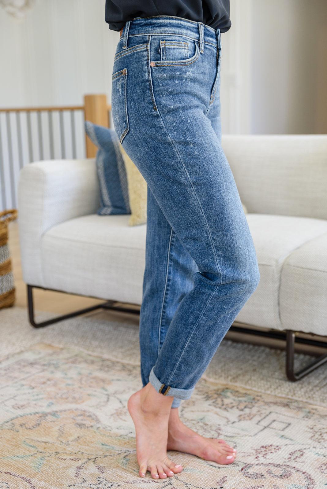 Hazel Blues® | Corey Hi Rise Bleach Splash Boyfriend Jeans - Hazel Blues®