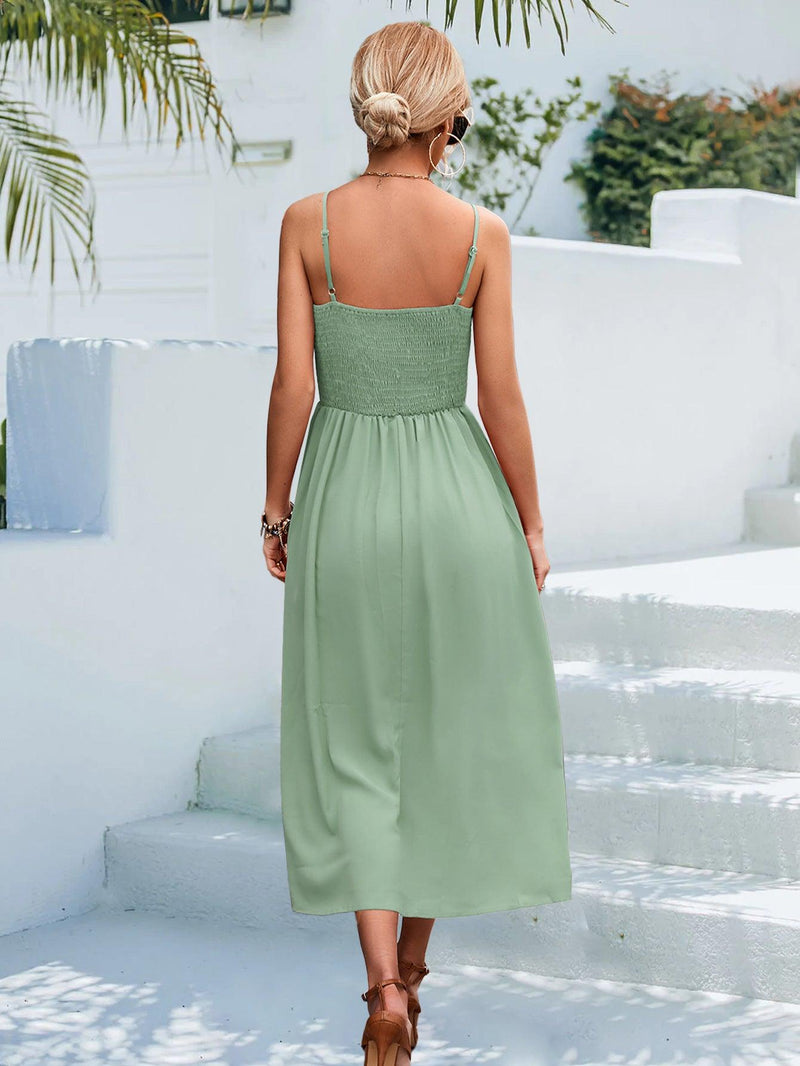 Hazel Blues | Decorative Button Spaghetti Strap Midi Dress Hazel Blues | Decorative Button Spaghetti Strap Midi Dress