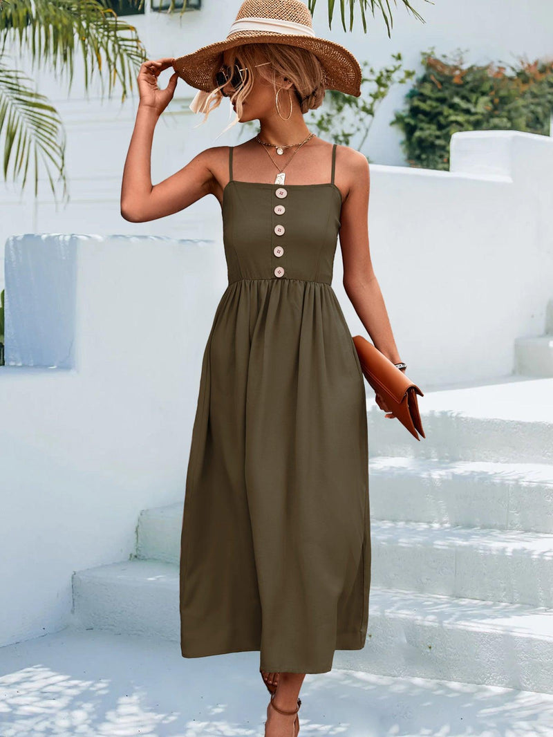Hazel Blues | Decorative Button Spaghetti Strap Midi Dress Hazel Blues | Decorative Button Spaghetti Strap Midi Dress