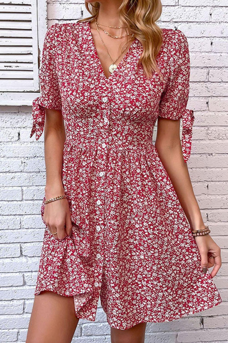 Hazel Blues | Ditsy Floral Tied Puff Sleeve Button Front Dress Deep Red / XL Hazel Blues | Ditsy Floral Tied Puff Sleeve Button Front Dress Deep Red / XL